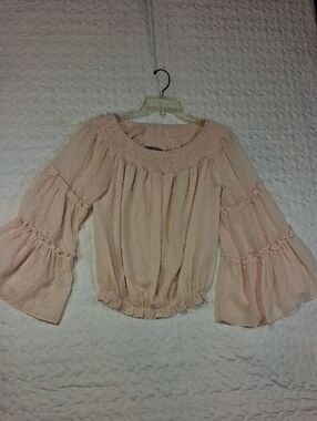 Smocked Neck Peach Bell-Sleeve Blouse Lightweight,Flowing,Fairy,Boho Sleeves ...